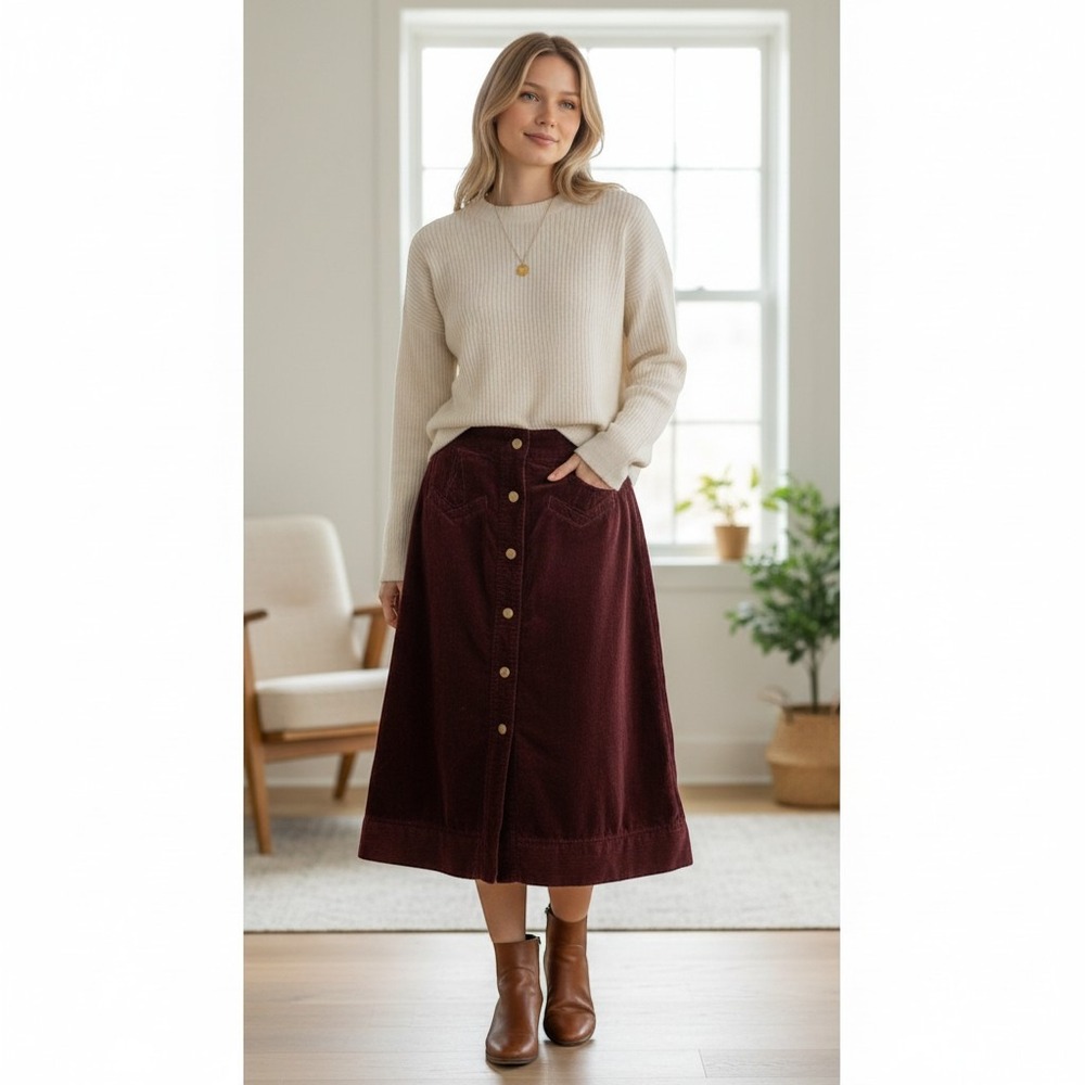 Holding Horses Anthropologie Burgundy Corduroy Button Front Midi Skirt Size 6 M